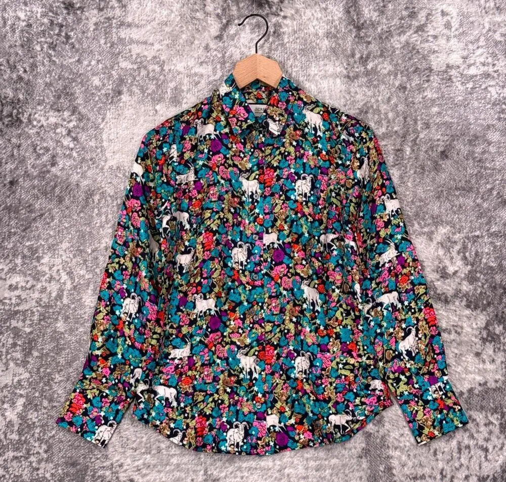New J Crew Collection Silk Shirt 00 Womens Grazing Goats Whimsical